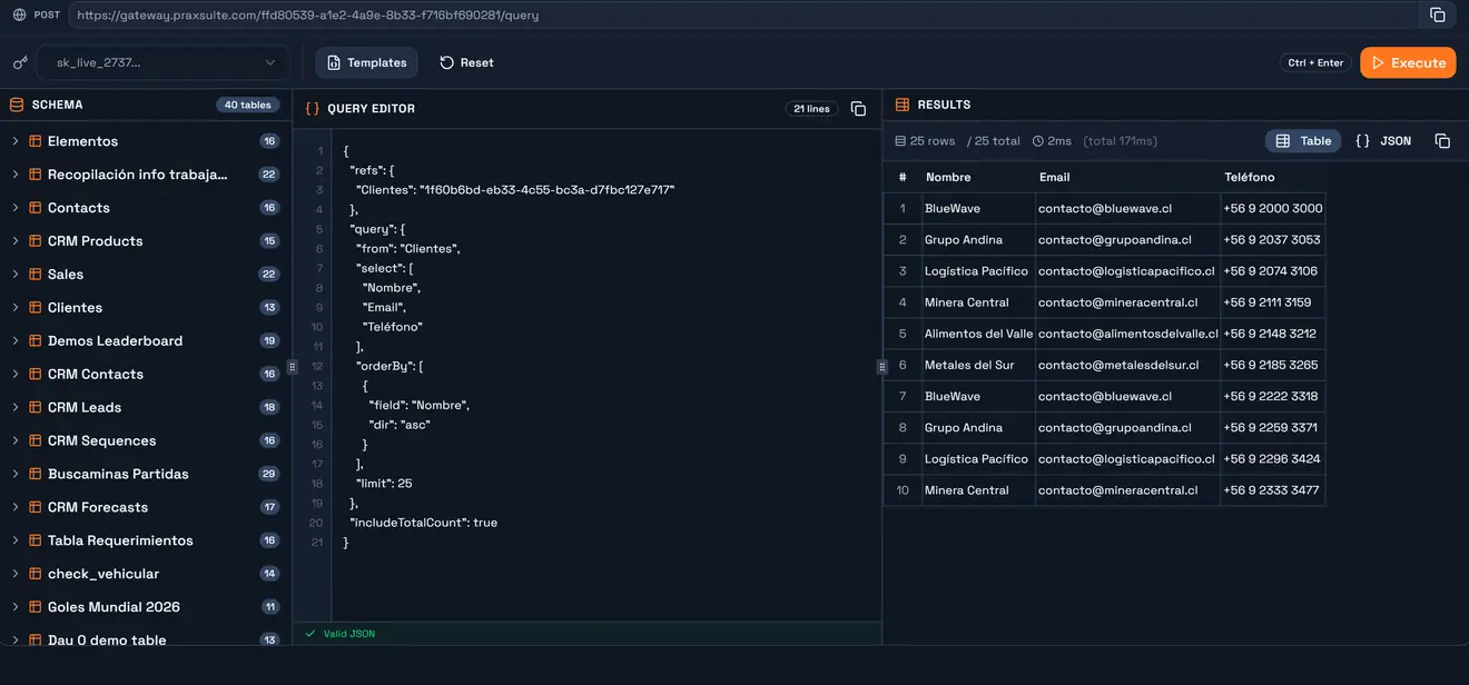 The same query executed, with the results table and the response metadata