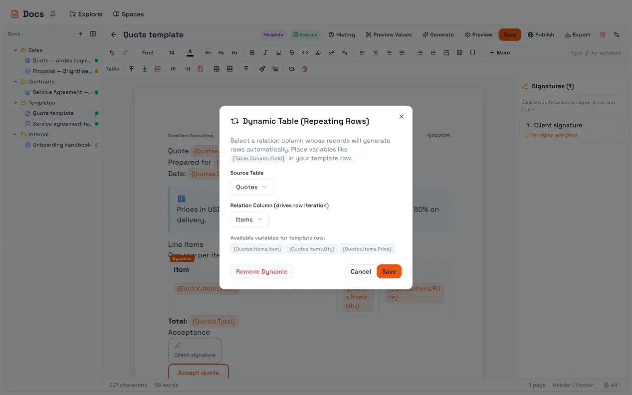 The dynamic table dialog: the source table and the relation column that drives the rows.