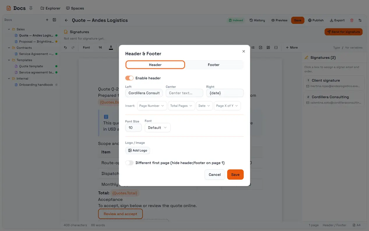 The header and footer dialog, with the placeholders that fill in at render time.