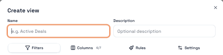 The Create View dialog: name and description, and the Filters, Columns, Rules and Settings tabs.