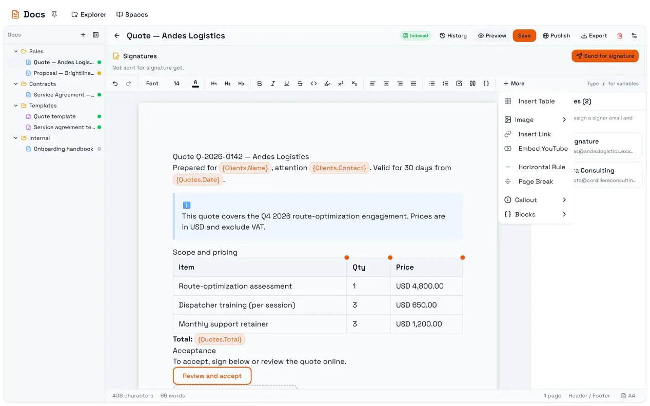 The More menu: tables, images, links, embeds, rules, page breaks, callouts and blocks.