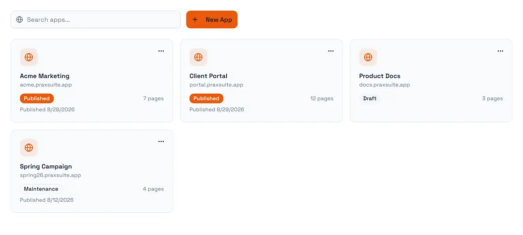 The Apps list: each App with its address, status and page count