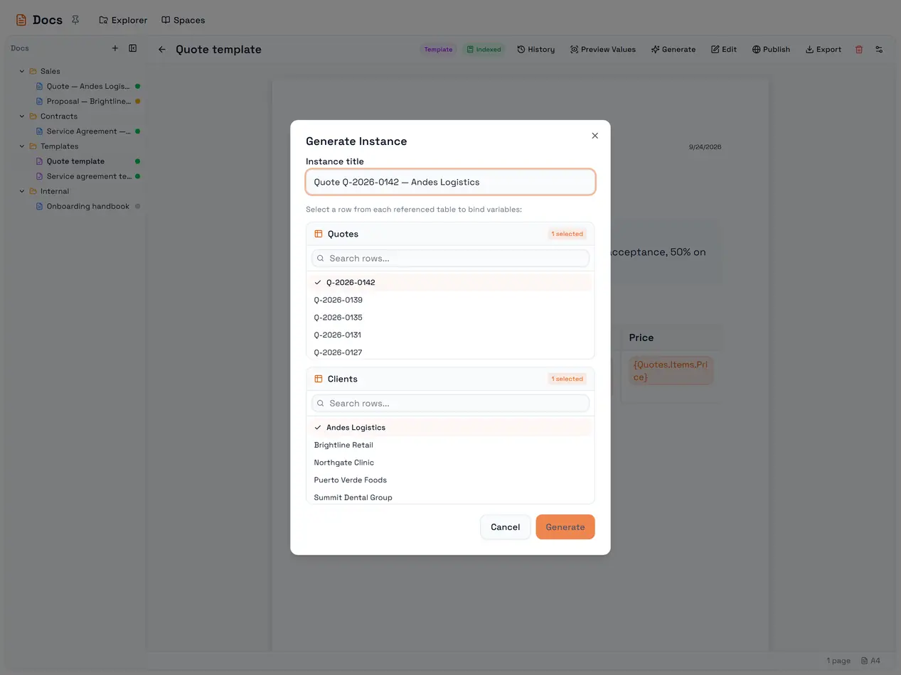 Generate Instance: pick one row per referenced table, then Generate.