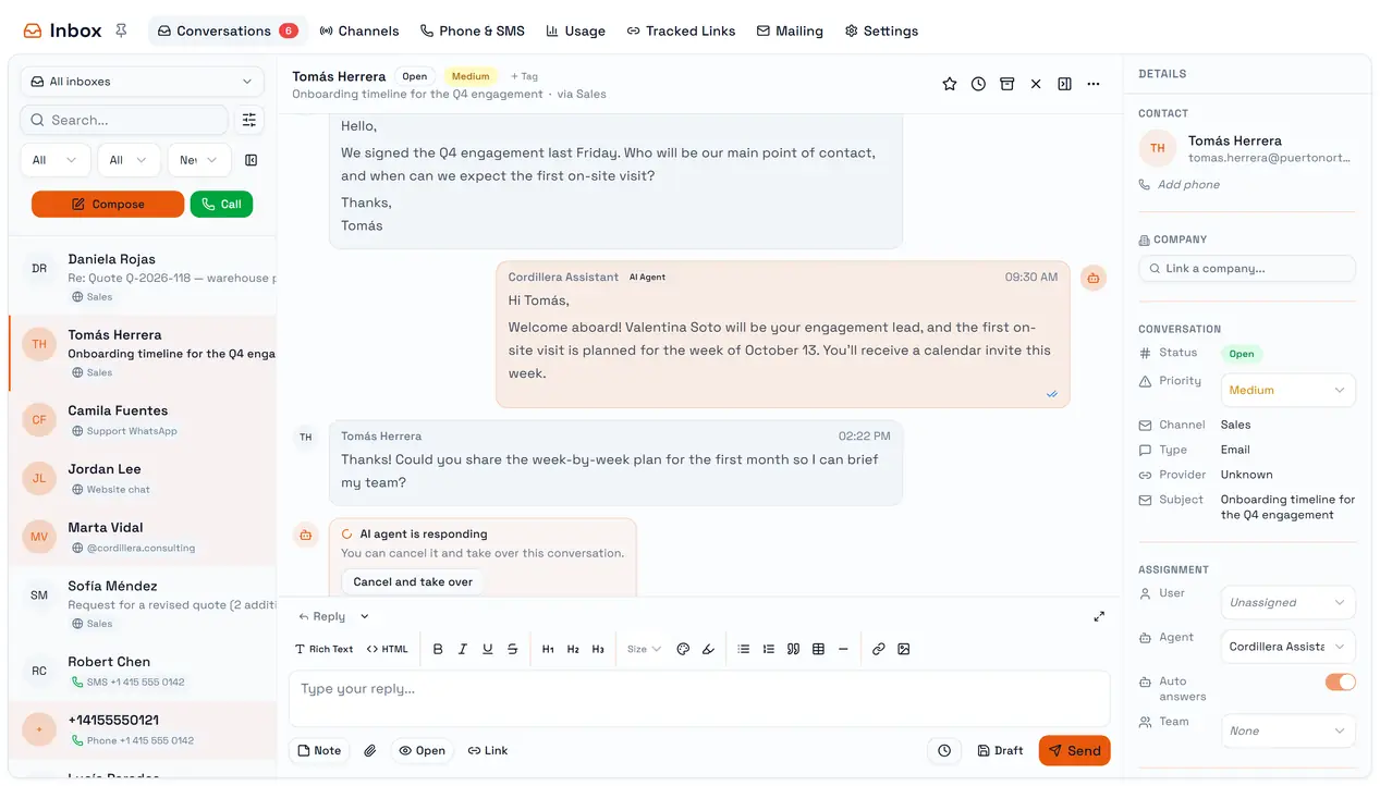 While the agent is writing, the thread says so and offers Cancel and take over.
