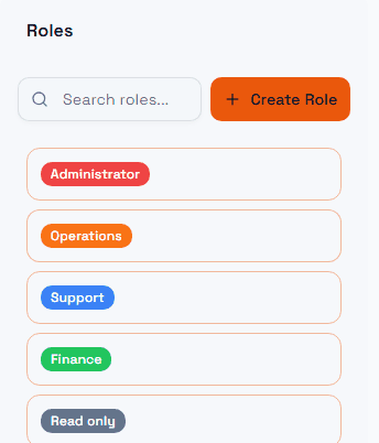 Roles panel listing Administrator, Operations, Support, Finance and Read only, each as a coloured chip, with a search box and a Create Role button