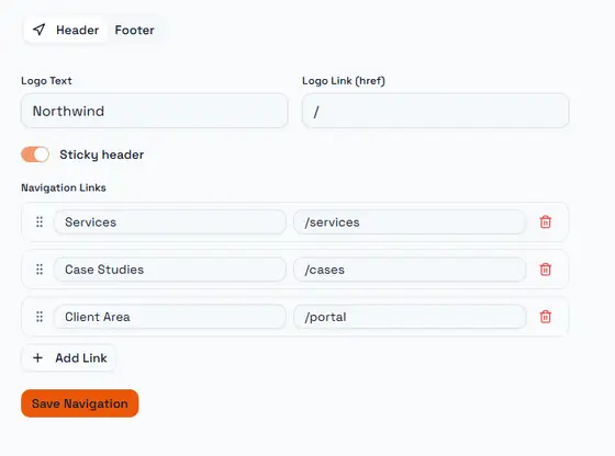 The header navigation editor: logo, sticky toggle and a reorderable list of links