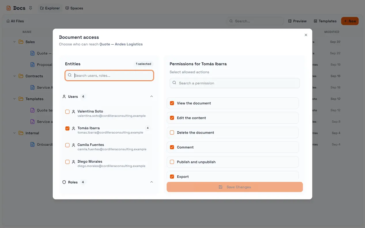 Document access: users, roles and agents granted on this document, with the actions each may take.
