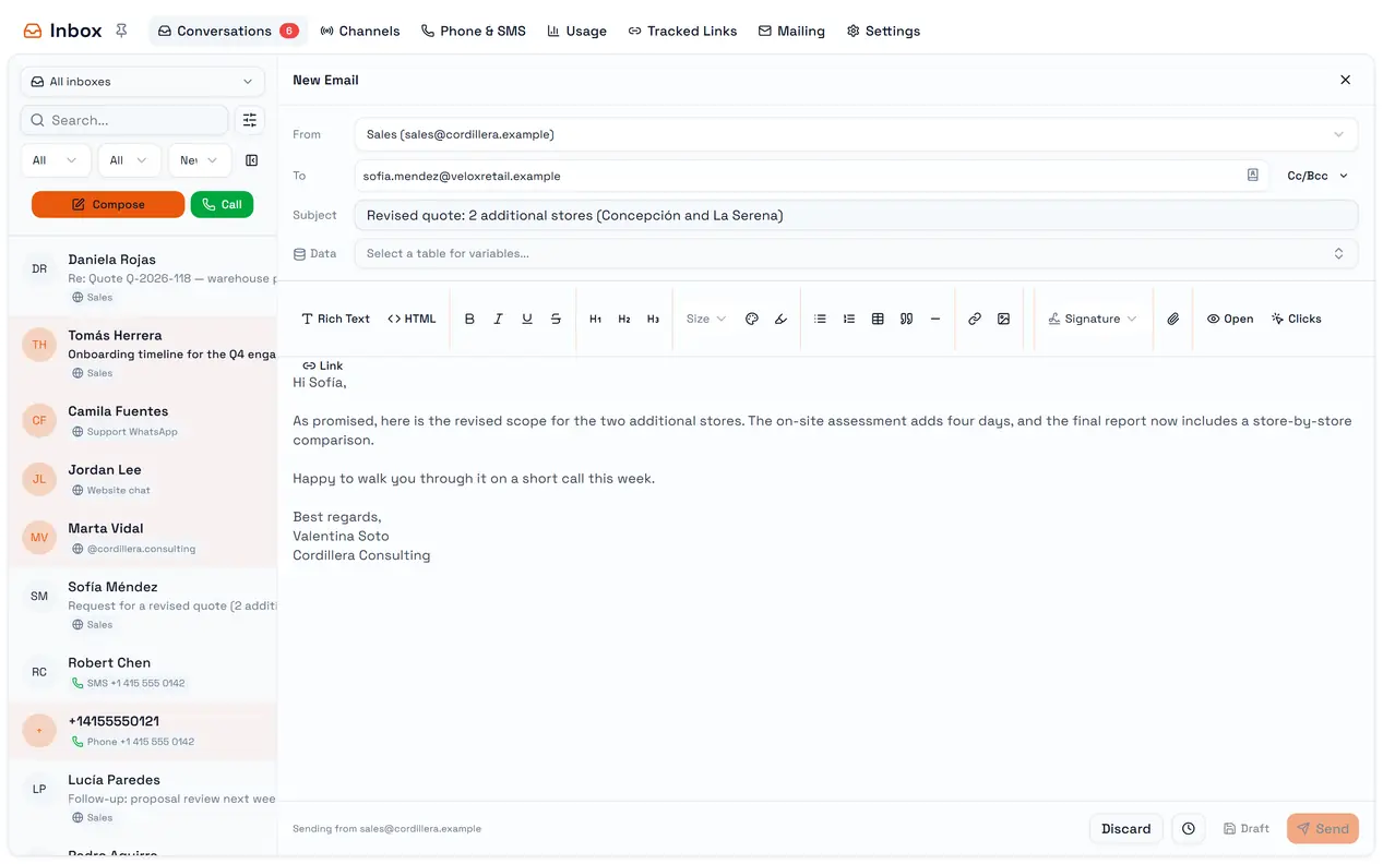 New Email: the channel to send from, the recipient and the subject.