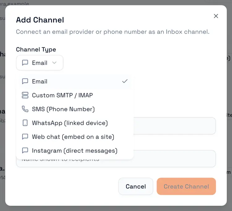 Add Channel: the channel types you can connect.