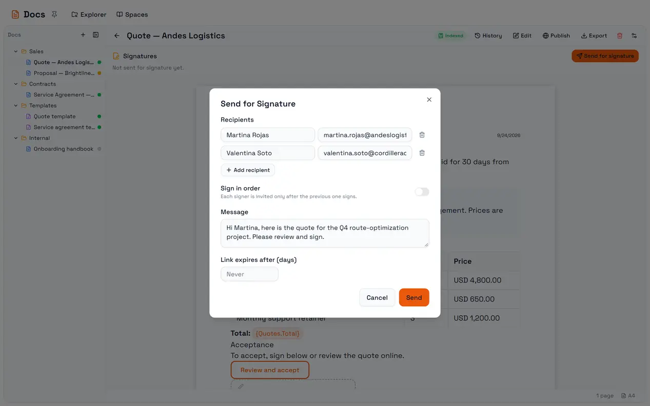 Send for Signature: recipients taken from the signature boxes, signing order, a message and a link expiry.