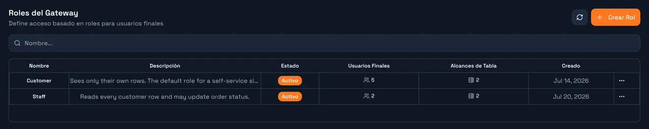 La pestaña Roles: cada rol con su descripción, cuántos usuarios finales lo tienen y cuántas tablas alcanza