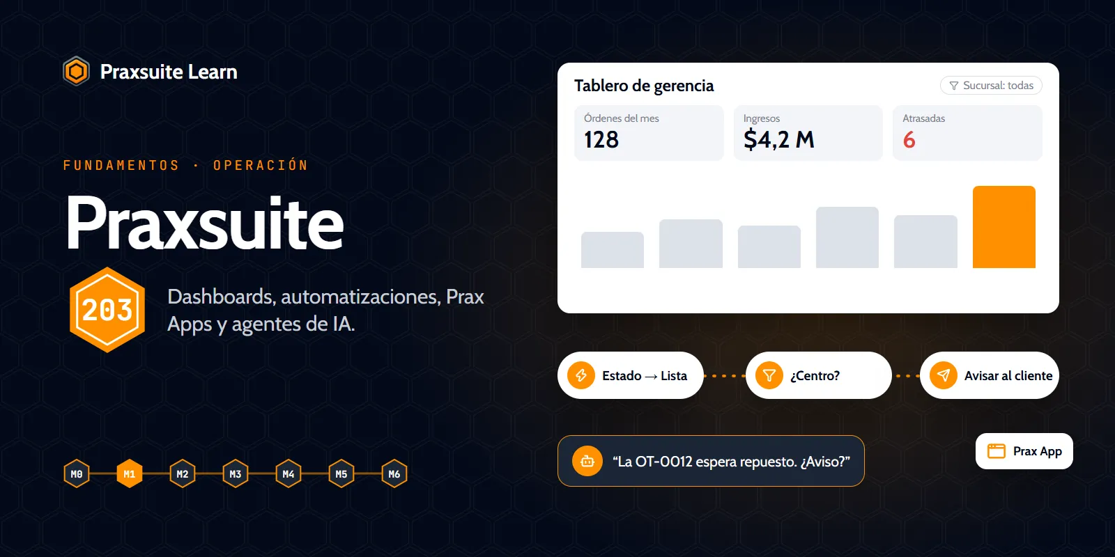 Portada del curso Praxsuite 203 — Tu IA en acción y Prax Apps